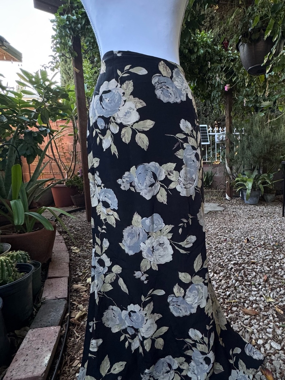Vintage Floral Black Maxi Skirt with Soft Gray Roses